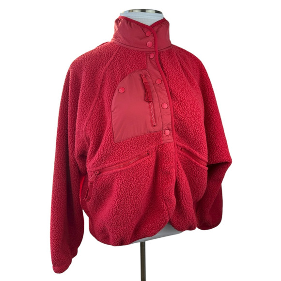 Free People FP Movement Hit The Slopes Fleece Jacket Coral Red Sherpa Size XL - Picture 6 of 16
